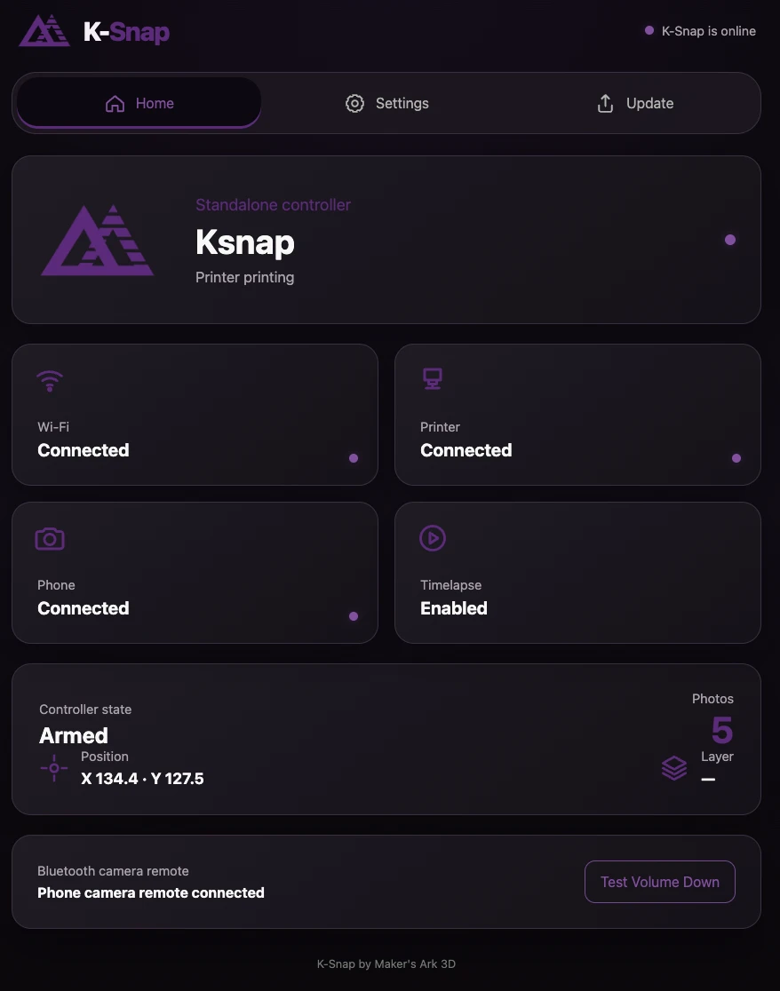 K-Snap dashboard showing connected printer and phone, with automatic timelapse enabled