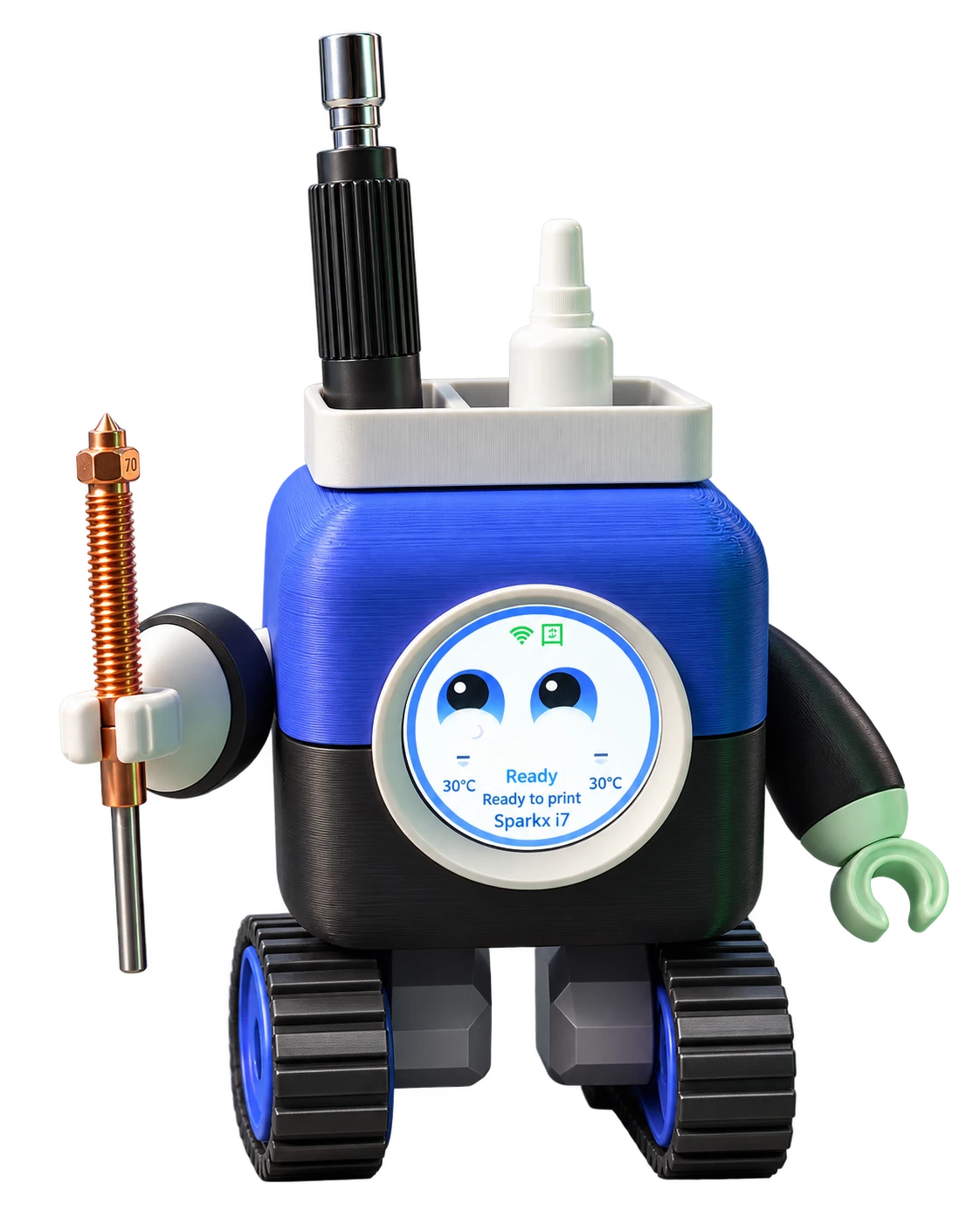 Blue and black MokiMate with a round animated display, tool tray and tracked wheels