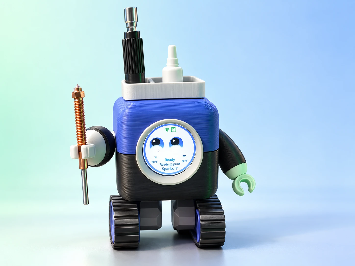 MokiMate in blue and black, with a round face display, tracked wheels and a tray for small tools